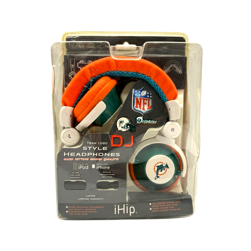 iHip NFL Miami Dolphins Team Logo DJ Style Headphones iPod iPhone NEW Sealed